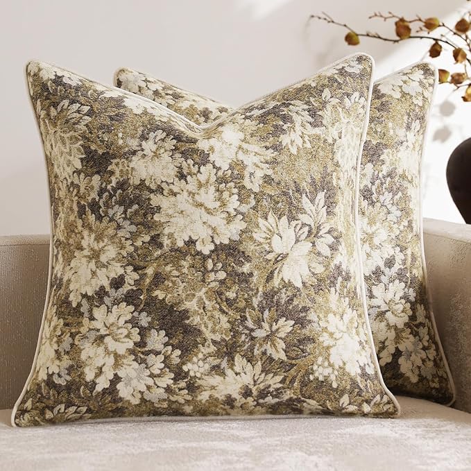 DEZENE Pack of 2 Vintage Floral Throw Pillow Covers 18x18 Boho Farmhouse Accents Chenille Square Decorative Pillow Cases for Living Room Couch Bed Home Decor, Beige