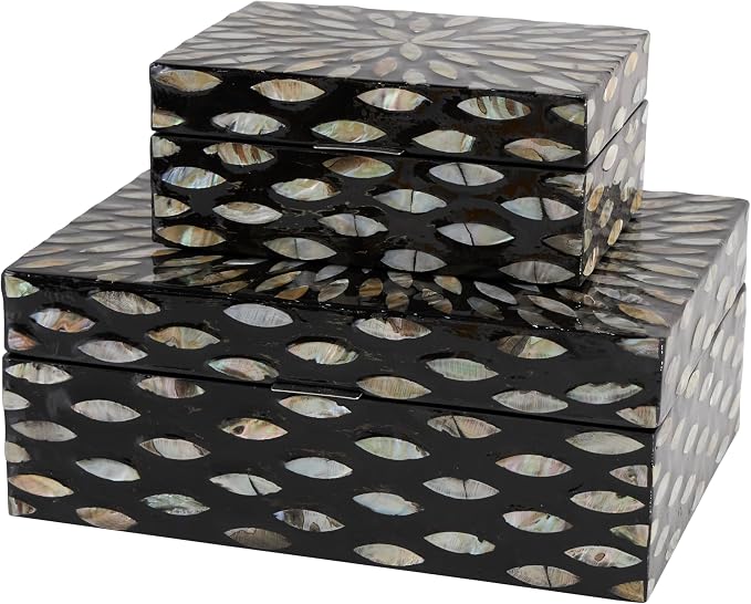 Deco 79 Mother of Pearl Shell Decorative Box Geometric Floral Decorative Keepsake Boxes with Beige Accents, Set of 2 Storage Boxes 12", 8"W, Black