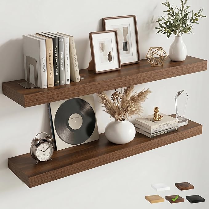 40 Inch Floating Shelves for Wall, 8"D Wood Storage Shelves, Walnut Finish | Engineered Wood, Invisible Bracket, Large Storage, Easy Install, Hold Up to 66lbs, Living Room, Bathroom, Bedroom, Kitchen
