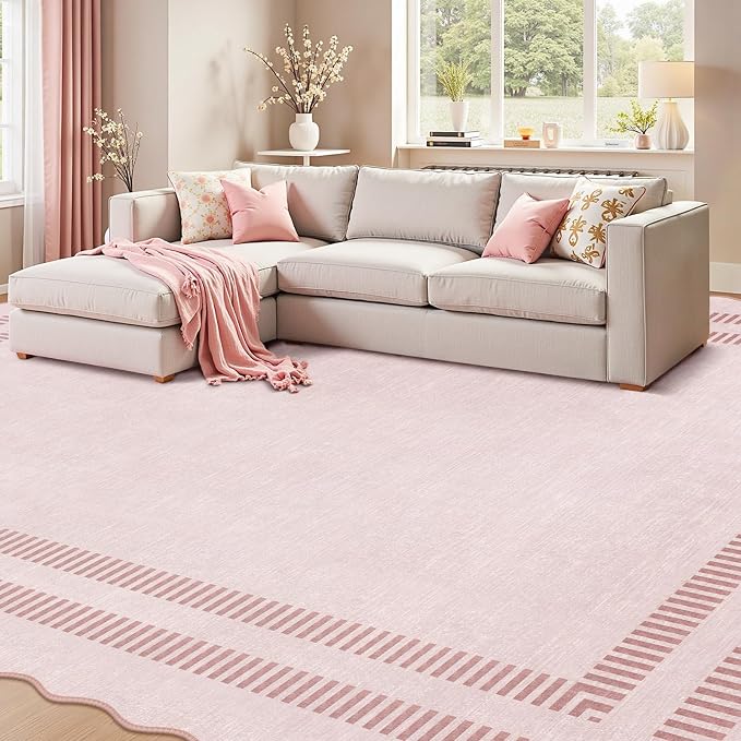 Pink Rugs for Living Room 9x12, Machine Washable Scalloped Area Rugs for Bedroom Girls, Non Slip Ultra-Thin Low-Pile Carpet for Playroom Nursery Kids Room