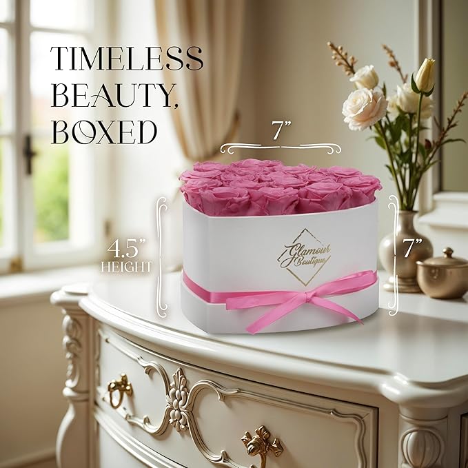 GLAMOUR BOUTIQUE Preserved Roses in a Box - Gifts for Her, Wife & Mom, Rose Flowers Forever Decor for Birthday Gift, Get Well Flower Bouquet Cased in White Box with Cover - Pink - 16 (Color-Treated)
