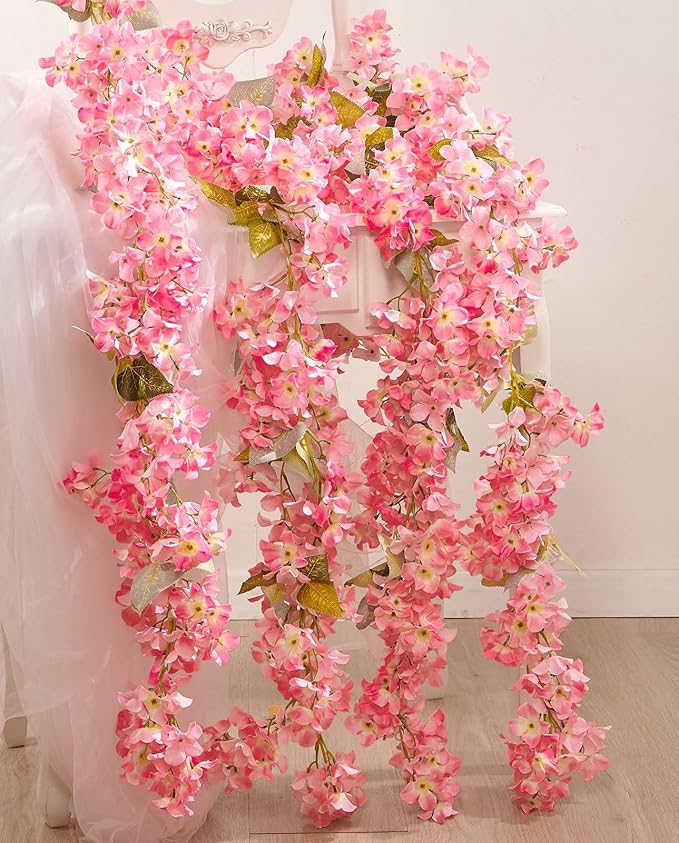 PONKING Flower Garland, Artificial Hydrangea Vine Flowers, Hanging Fake Hydrangeas Vine for Room Anniversary Wedding Birthday Christmas Wall Arch Decor, 2 Pcs, Floral Garland, Dark Pink Flower