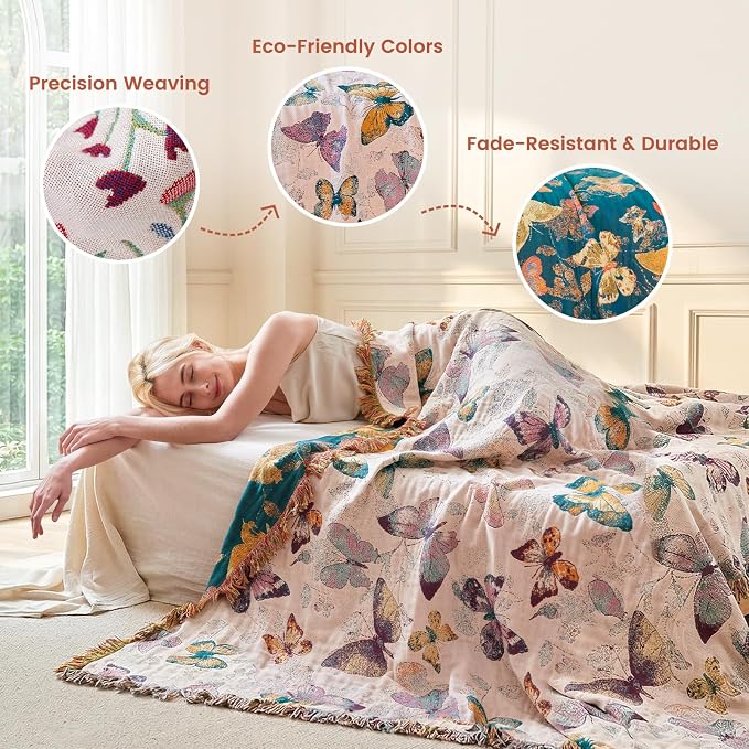 MSGKV Boho Throw Blanket for Couch Cotton Butterfly Blanket 50"x60" Sofa Chair Blankets All Seasons Muslin Summer Breathable Lightweight Farmhouse Blankets Home Decor