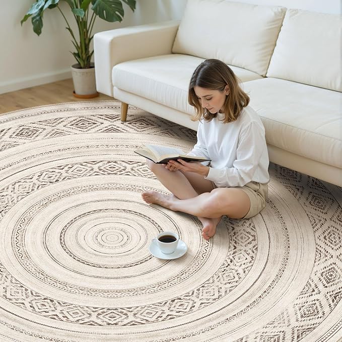 cotiled 8x8 Round Area Rug Living Room: Washable Boho Rugs with Non Slip Backing Large Soft Indoor Stain Resistant Carpet for Bedroom Farmhouse Dining Room Lightweight Home Decor Dark Brown