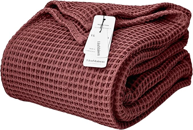 Premium Waffle Throw Blanket California King Size Red - 100% Turkish Cotton, Light and Airy Waffle Weave All-Season Quilt - Luxury Decorative Bedspread (Dark Red, 95" x 126" Inch)