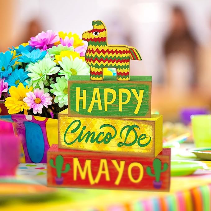 Marsui 4 Pcs Cinco De Mayo Decor Wooden Mexican Tabletop Decorations Rustic Fiesta Tiered Tray Decor Decorative Wooden Donkey Pinata Block Sign Farmhouse Mexican Table Centerpiece for Home Decorations