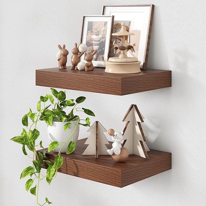 FLYJOE 12 Inch Deep Floating Shelves 16'' Walnut Floating Shelves Set of 2 | 12'' Deep Shelves for Wall, 16'' x 12'' Rustic Wood Shelves for Living Room Bathroom Kitchen Bedroom