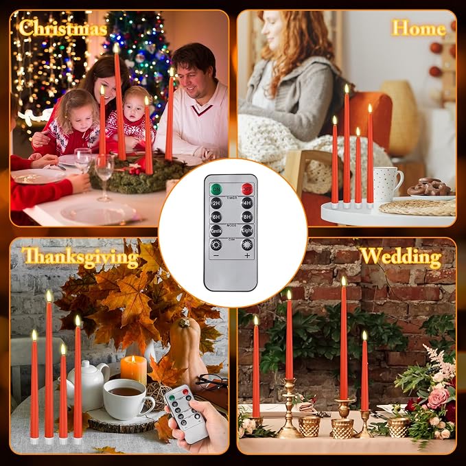 Rossesay 28 Pcs Flameless Taper Candles with Timer Remote 4 Sizes of 8.5", 9.6", 10.83", 12.8" LED Flickering Taper Candles Battery Operated for Valentine's Day Church Wedding Home Decor(Orange)