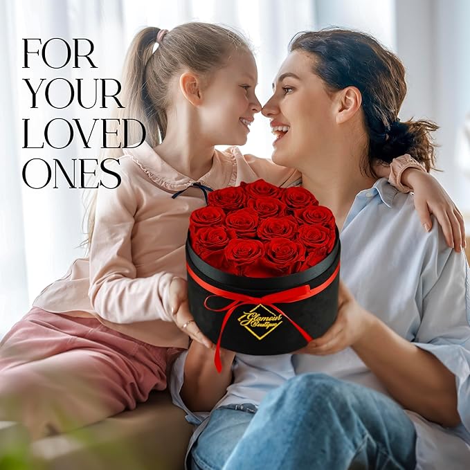 GLAMOUR BOUTIQUE Flowers Forever Gift Box, 12 Real Preserved Roses in Velvet Black Box, Floral Gift for Her, Mom or Wife for Birthday, Mother’s Day, Anniversary or Graduation, Red (Color-Treated)