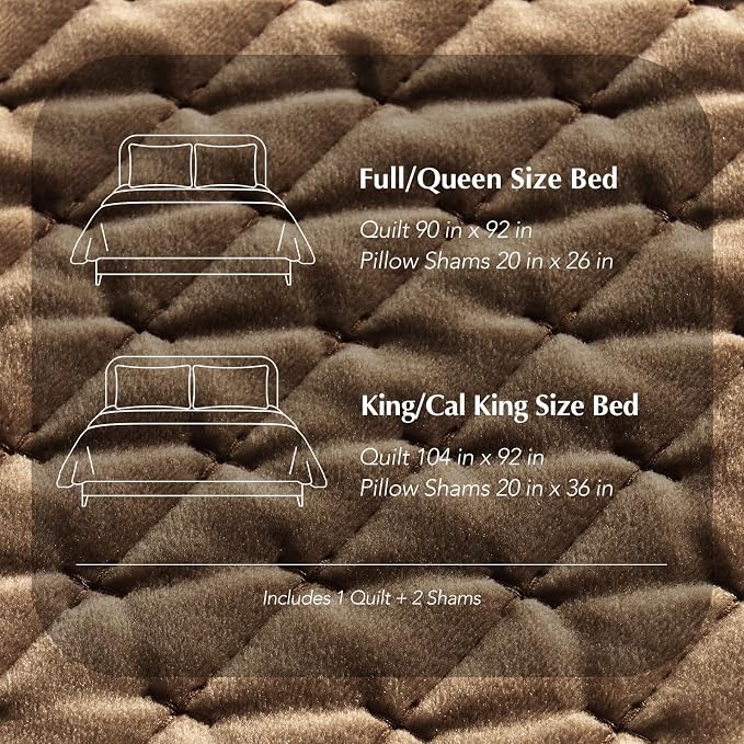 EverGrace Luxury Velvet Quilt Set King Size 3 Piece, Soft Cross-Stitch Velvet Comforter Set with Pillow Shams, Lightweight Coverlet Bedspread Bedding Set for All Seasons, Tobacco Brown