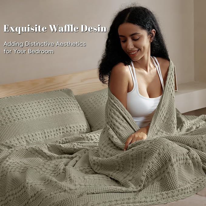 PHF 100% Cotton Waffle Blanket King Size for Bed, Lightweight Breathable and Soft for Summer, Luxury Aesthetic Waffle Weave Blanket for Home Decor & Gifts for Women, 108"x90", Dusty Sage