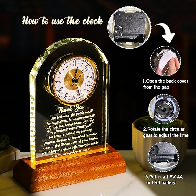 Arikyrist Thank You Gifts for Women Men, Appreciation Clock Gift for Coworkers Friends Teachers with Wooden Light Base, Inspirational Presents for Family Office Desk Clock Decor