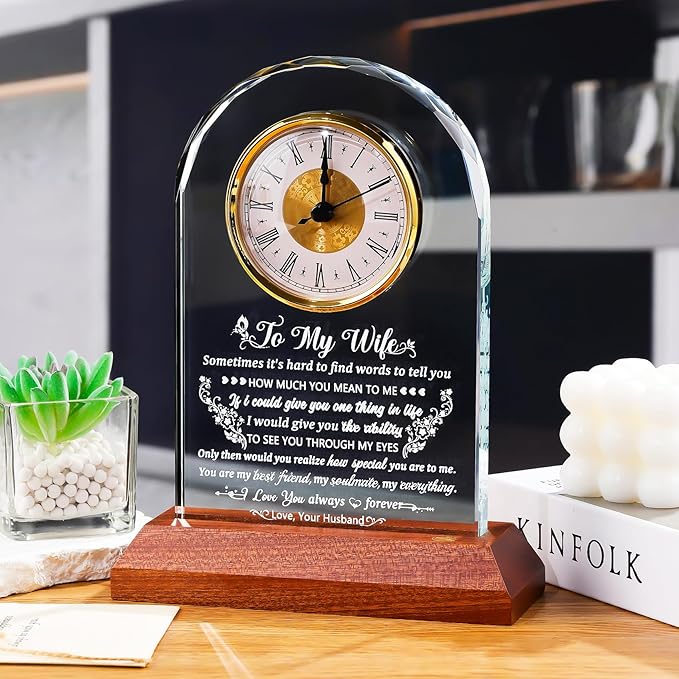Arikyrist Glass Clock Gifts for Wife from Husband with Wooden Light Base, Personalized Gift for Wife Who Has Everything on Birthday Valentine's Day, Presents for Her on Christmas Home Desk Clock