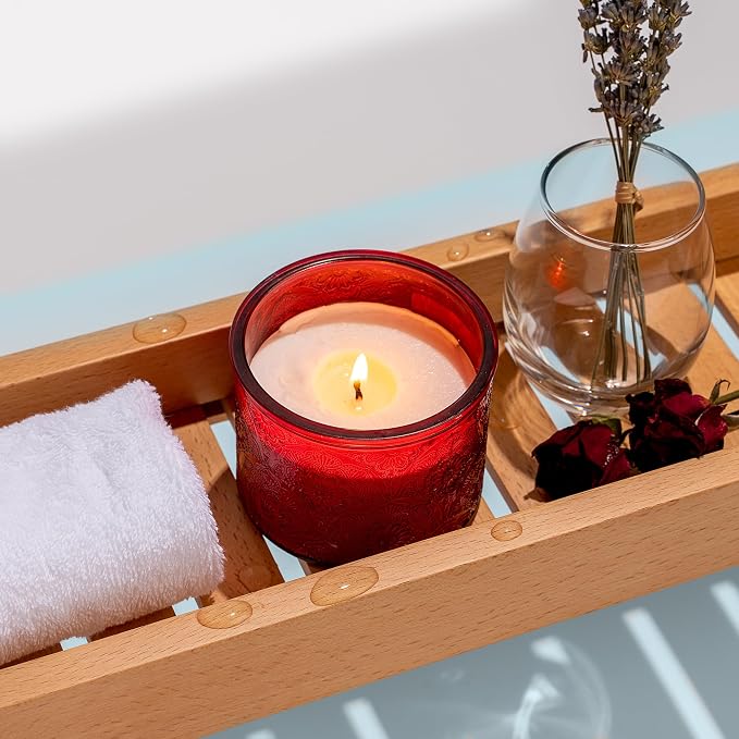 10 oz Red Mandala Glass Candle Jars with Bamboo Lids, 9 Pack | Patented Embossed Design, Includes Wick Centering Devices & Warning Labels, Multiple Color Options