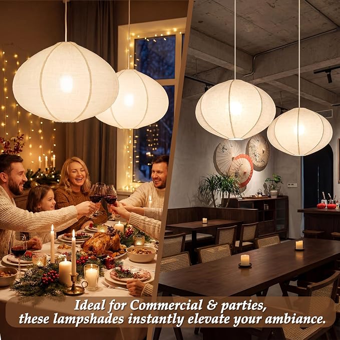 Nuanchu 2 Pack Linen Lantern Lamp Plug in Pendant Light 20 Inch Hanging Lamp Shade with 20 ft Cord Minimalist Light Covers Japanese Chandelier for Ceiling Dining Living Room Artistic Decor(Oval)
