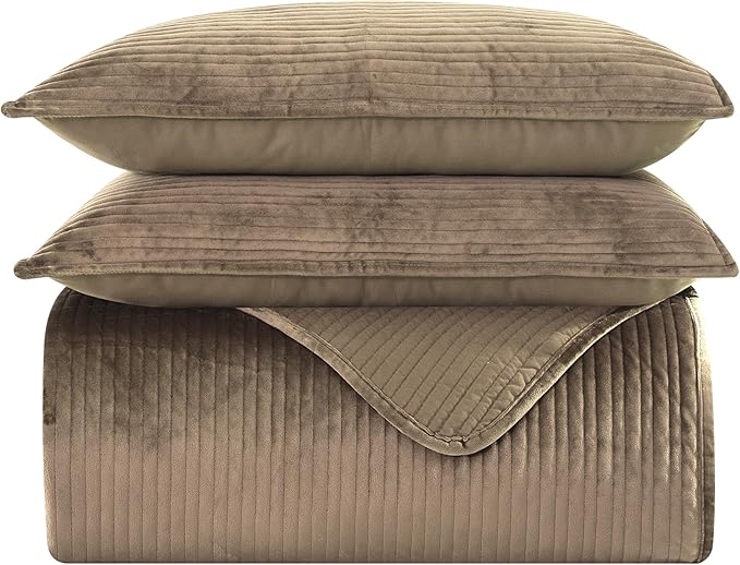 Elegant Comfort Luxury 3-Piece Velvet Corduroy Stripe Quilt Set, Ultra Soft Bedspread - Cozy Velvet Coverlet Set - 3PC Medium Weight Quilted Set with Matching Pillow Shams, King, Khaki