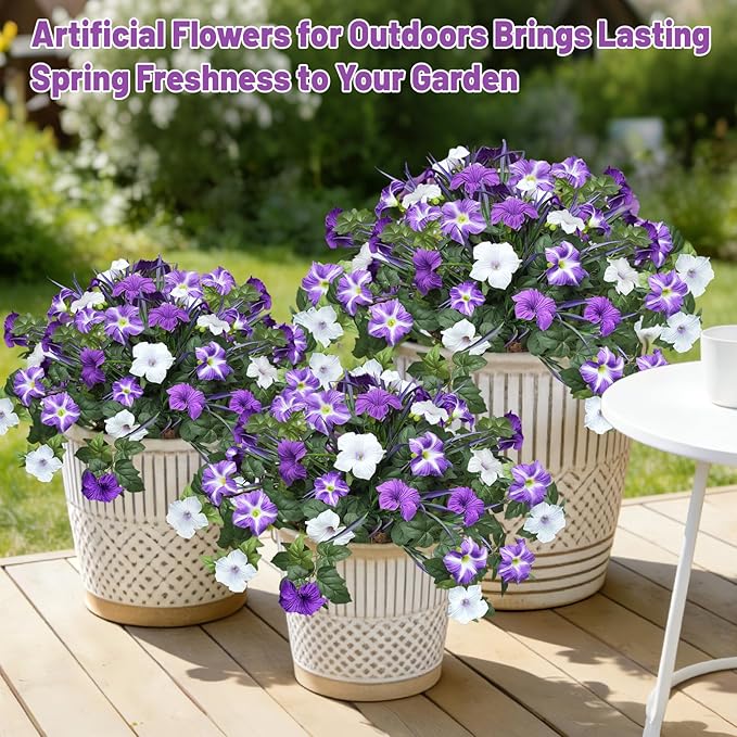 Artificial Flowers Plants for Outdoors, 6PCS UV Resistant Faux Flowers Outdoor Plants, Fake Petunias Silk Flowers for Garden Balcony Yard Porch Decor (White Purple)