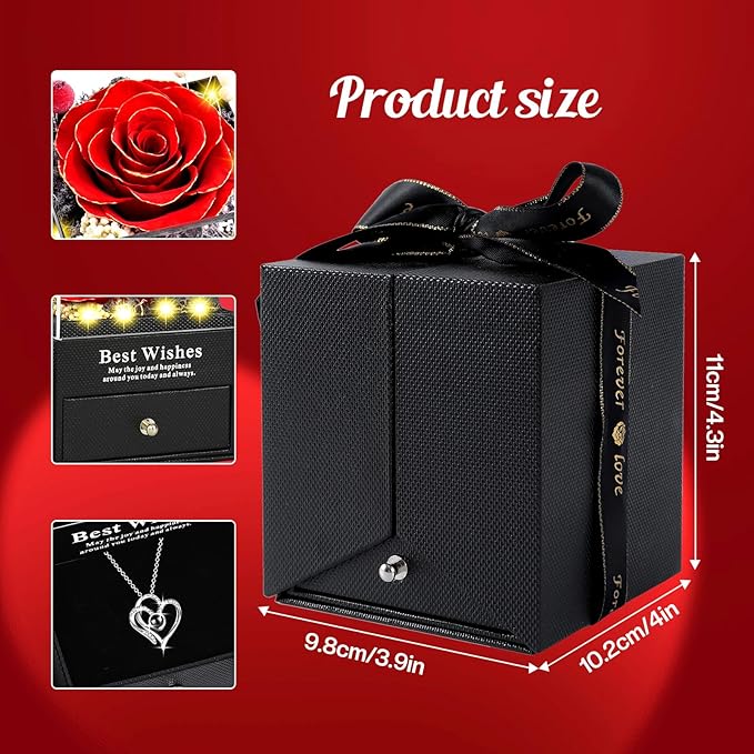 Pasuvsigt Mothers Day Mom Birthday Gifts for Women, Preserved Real Rose with I Love You Heart 100-Language Necklace, LED Lights & Music Box, Anniversary for Women Girlfriend Mom