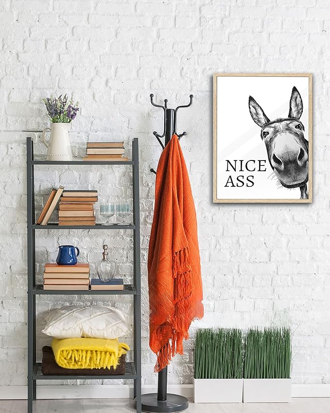 UPWOIGH Funny Donkey Oak Framed Canvas Wall Art, 12x16in Black and White Donkey Print for Bedroom Living Room Bathroom Wall Decor, Humorous Poster Aesthetic Gift Idea, 1Pack