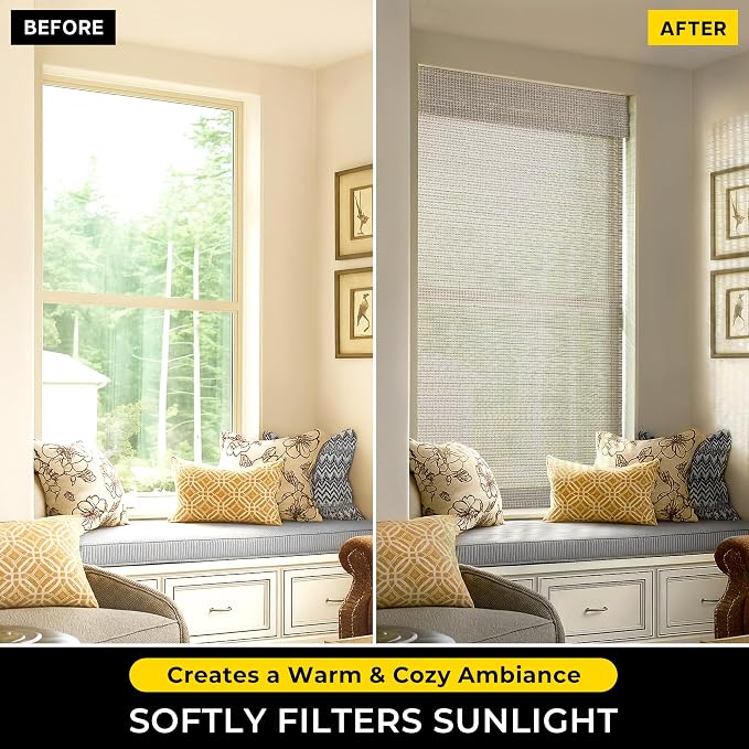 UNISHADES Cordless Bamboo Roman Shades, 32.5×64 in, Greystone | Thin Bamboo Strip Weaving Technique, Light Filtering without obstructing the view
