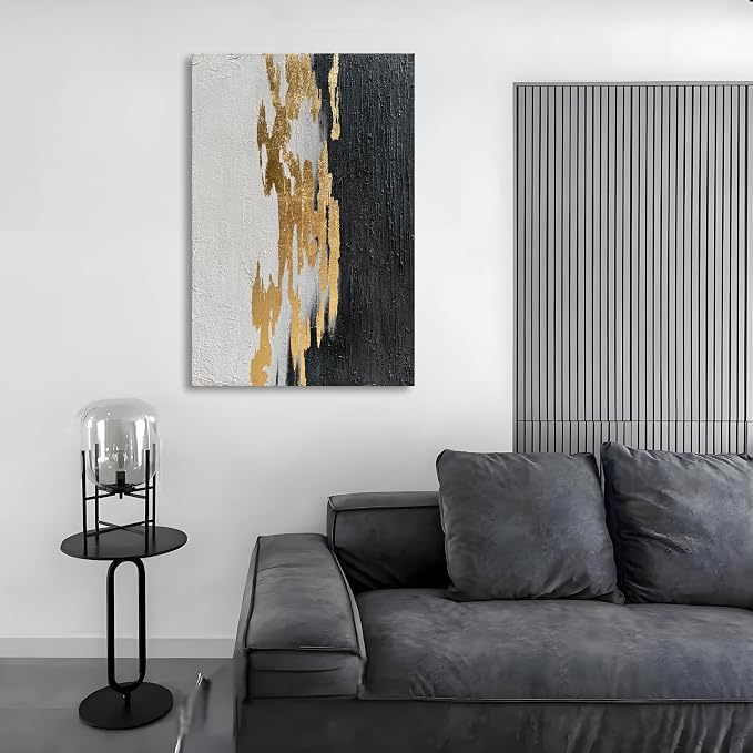 Hand-Painted Black and White Texture Abstract Art Modern Minimalist Home Office Wall Decoration Painting 36x24 inches