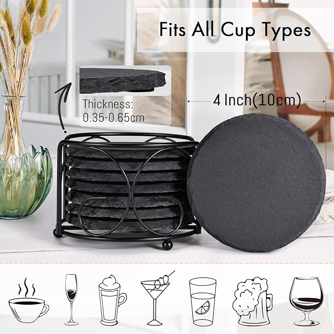Slate Drink Coasters with Metal Holder, GOH DODD Set of 8 Black Coasters, 4 Inch Stone Coaster Set Tabletop Protection for Home Outdoor Kitchen Apartment Decor Housewarming Gifts Wedding Party, Round