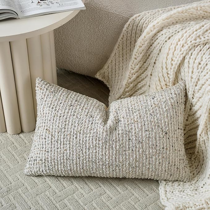 DEZENE Striped Throw Pillow Covers 12x20 Set of 2 Cream Grey Textured Boucle Chic Morden Boho Accent Farmhouse Rectangular Lumbar Decorative Couch Pillow Covers for Home Decor Bed Sofa Living Room