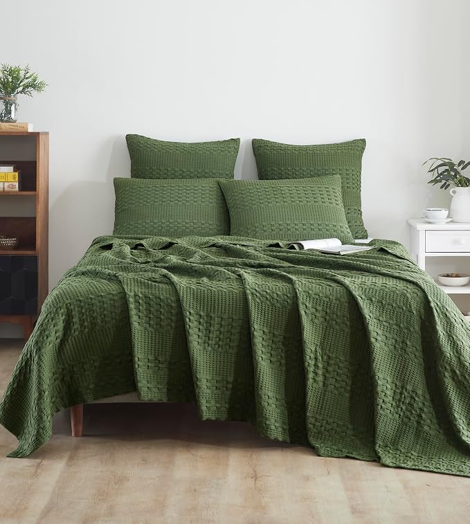 VHC Brands 100% Cotton Waffle Weave Queen Blanket 90"x90", Decorative Lightweight Spring and Summer Throw Blanket, Bedroom Decor for Bed, Couch, or Sofa, Olive Green