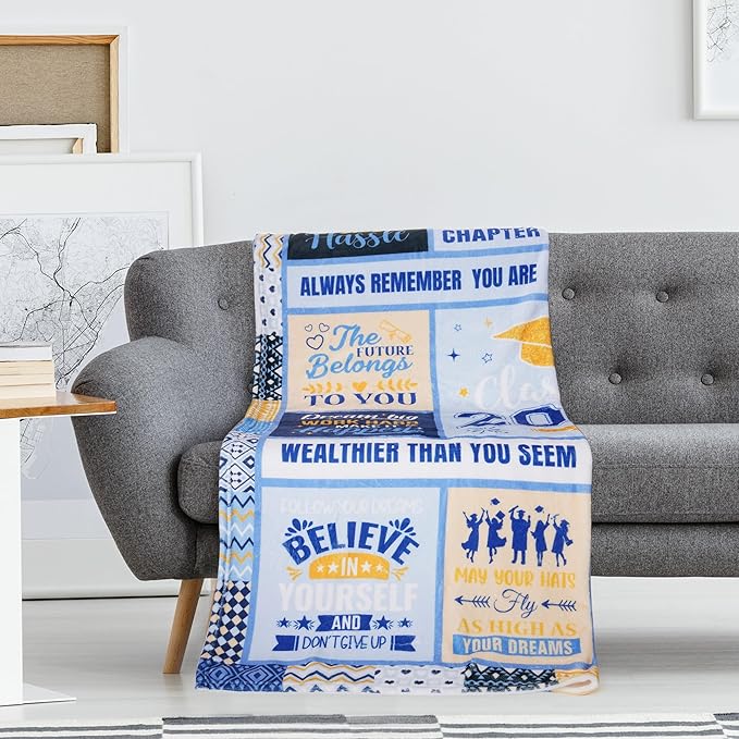 Graduation Blanket Gifts for Him, Soft Cozy Blue Class of 2026 Throw Blanket, Inspirational Quotes Graduation Blanket, 50"x60"