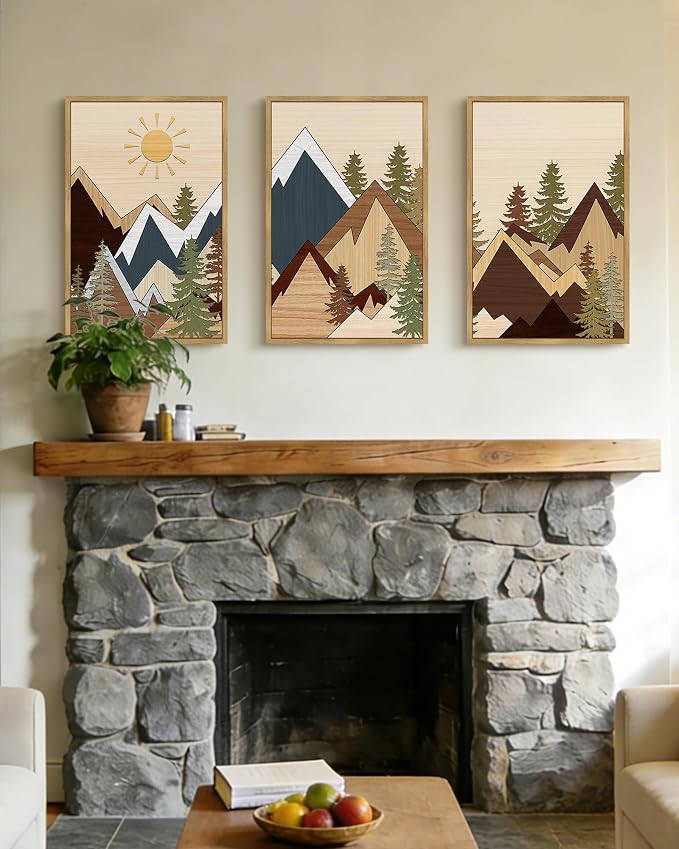PHOPAGO Mountains Framed Wall Art Large 16x24in Morden Boho Woodcut Pine Tree Forest Nature Landscape Artwork Bohemain Farmhouse Living Room Rustic Home Decor - Natural Framed