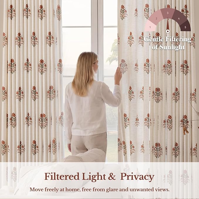 THREE GIRLS Pinch Pleated Curtains Light Filtering Red Floral Curtains for Living Room Bedroom Dining Room 90 Inches Luxury Linen Drapes Farmhouse Window Curtains with Hooks - 2 Panels Set, 40" x 90"