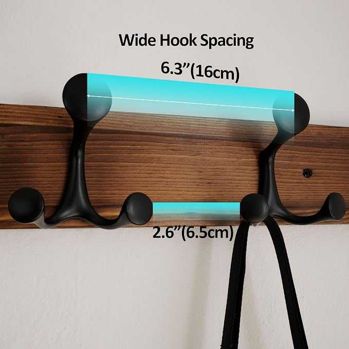 WEBI Coat Rack Wall Mount,30" Solid Wood Coat Hooks Wall Mounted Coat Hanger,16" Hole to Hole,Heavy Duty Hook Rack,5 Triple Hooks for Hanging Coats,Jacket,Hat,Backpack,Farmhouse,Brown