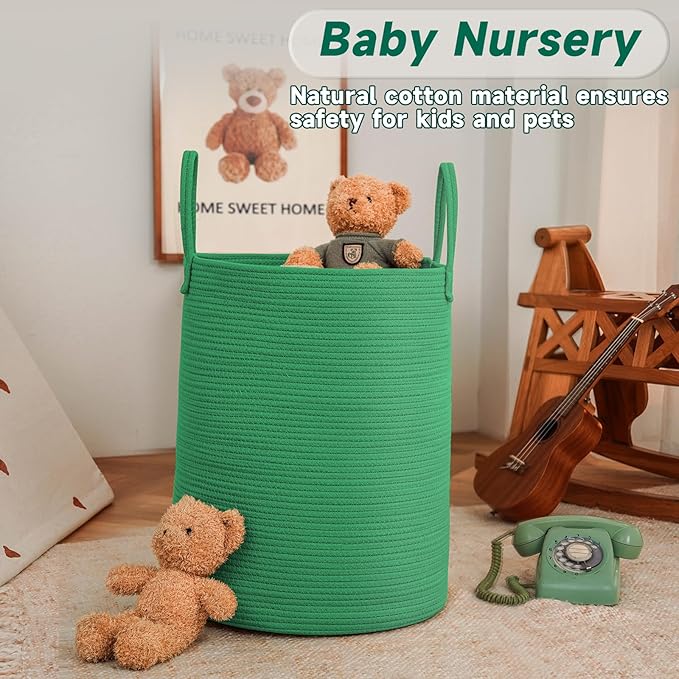 JMvicyroam Large Woven Laundry Basket Hamper,80L Cotton Rope Storage Bin for Blankets,Toys and Clothes,Decorative Tall Nursery Hamper for Living Room,Baby Nursery,Bathroom and Bedroom,Dark Green