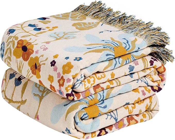 MSGKV Boho Throw Blanket for Bed 100% Cotton Floral Twin Size Couch Blanket 60"x80" Muslin Summer Breathable Lightweight Farmhouse Blankets All Seasons