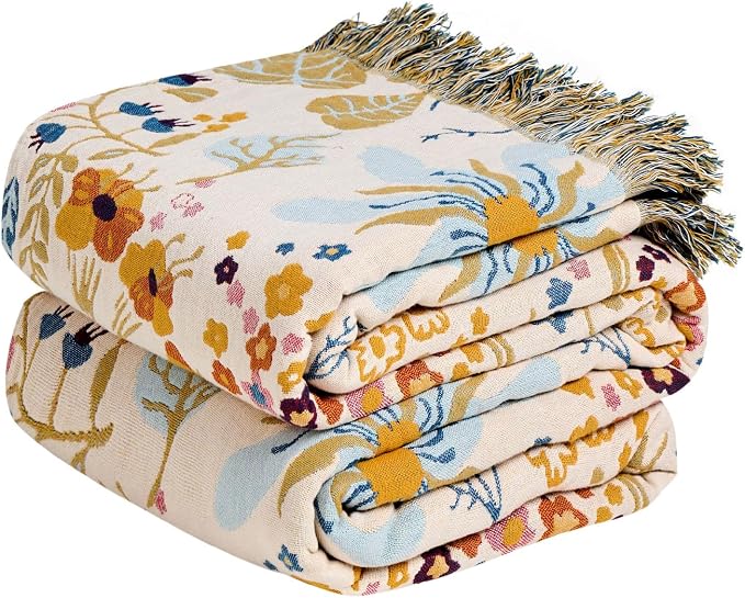 MSGKV Boho Throw Blanket for Couch 100% Cotton 50"x60" Floral Blanket Sofa Chair Throws Summer Breathable Lightweight Farmhouse Blankets Home Decor All Seasons