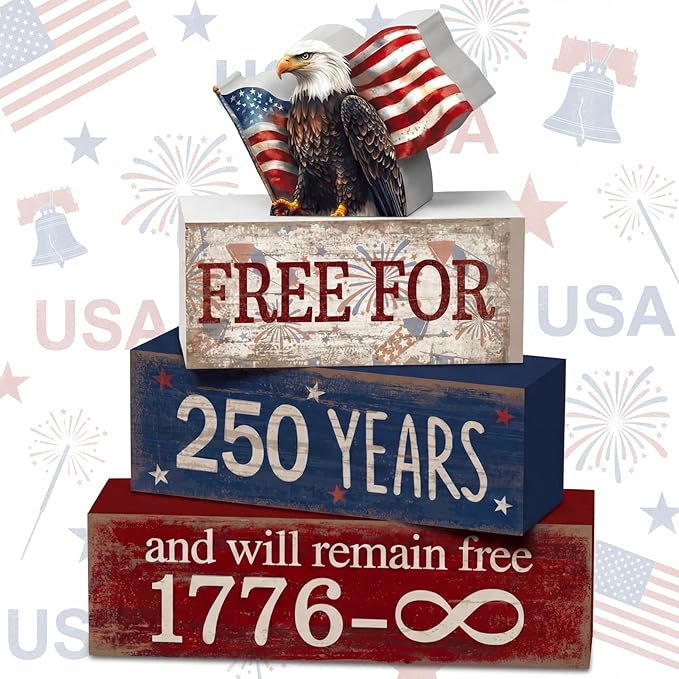 CroBlissful 4 Pcs 250th Anniversary 4th of July Decorations Patriotic Memorial Day Tabletop Decorations America Eagle Red White Blue Table Centerpieces USA Sign for Office Tiered Tray Home Shelf