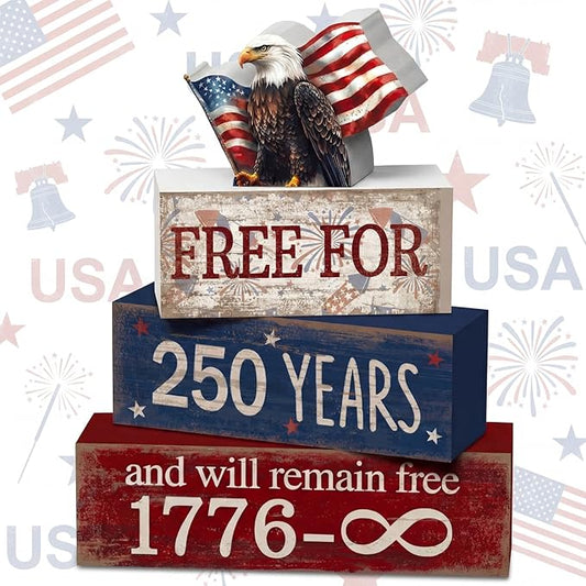CroBlissful 4 Pcs 250th Anniversary 4th of July Decorations Patriotic Memorial Day Tabletop Decorations America Eagle Red White Blue Table Centerpieces USA Sign for Office Tiered Tray Home Shelf