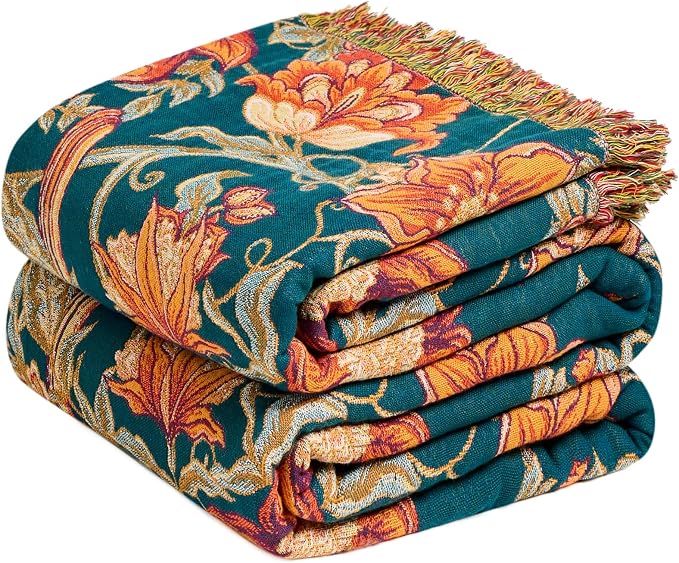 MSGKV Boho Throw Blanket for Bed Twin Size 100% Cotton Floral Bird Blanket 60"x80" Sofa Couch Blankets Muslin Summer Breathable Lightweight Farmhouse Blankets Boho Home Decor All Seasons