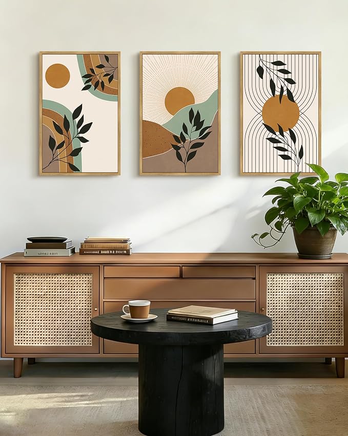 PHOPAGO Boho Abstract Wall Art Large 16x24in Botanical Mid Century Modern Framed Wall Printing Neutral Geometric Prints Bohemain Sage Decor for Farmhouse Home Office - Natural Framed