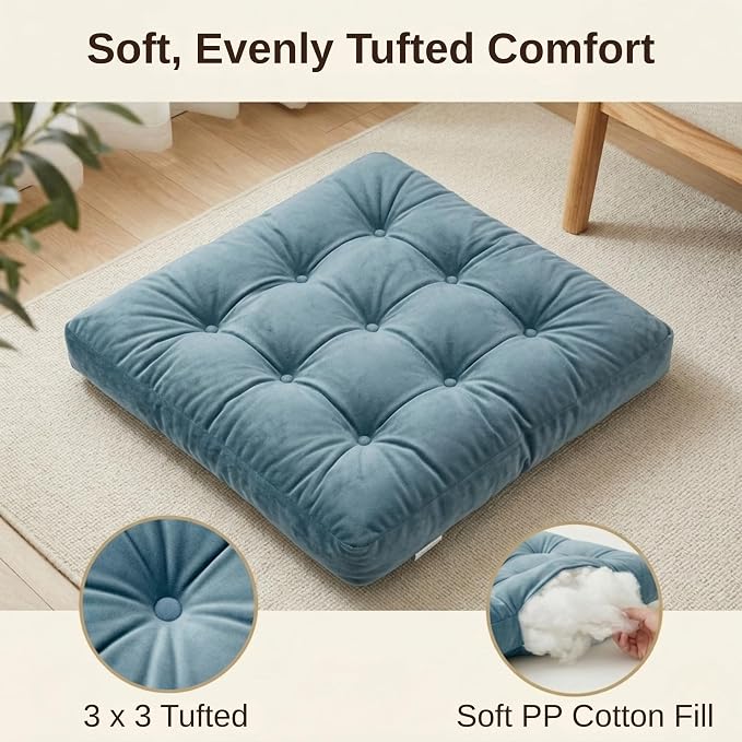 Floor Pillows for Adults Set of 2, Soft Velvet Floor Cushions for Sitting, Square Tufted Floor Pillow Set for Reading Nook, Living Room, Bedroom, 22 x 22 Inch, Blue