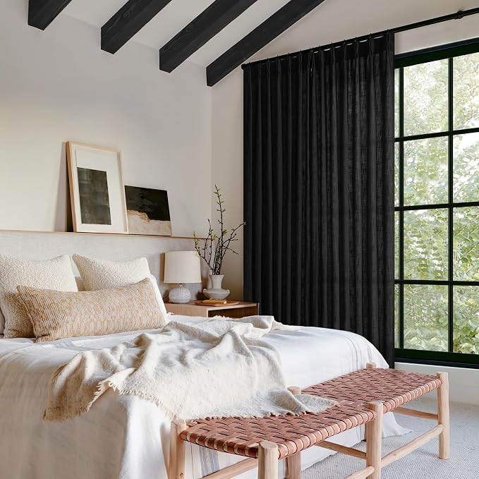 Extra Wide Curtains 70 Inch Width 84 Inches Long for Living Room Bedroom Light Filtering Semi Sheer Farmhouse Pleated Curtain Hooks Rings for Patio Sliding Door Large Window Black 1 Panel W70xL84