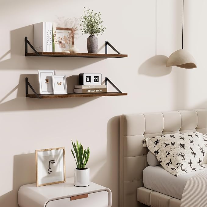 Acovy Deep Floating Shelves for Wall,30" Wx10 D Wood Floating Shelf Set of 2,Sturdy Metal Bracket Wide Display & Storage,Wall Mounted Hanging Floating Shelves for Living Room,Bedroom,Kitchen,Walnut