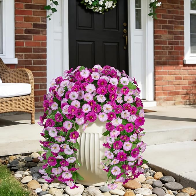 INXUGAO Artificial Fake Hanging Flowers Plants for Outdoor Decoration, 2PCS Faux Silk Morning Glory Long Vines Stems UV Resistant Look Real for Outside Home Porch Patio(Violet)