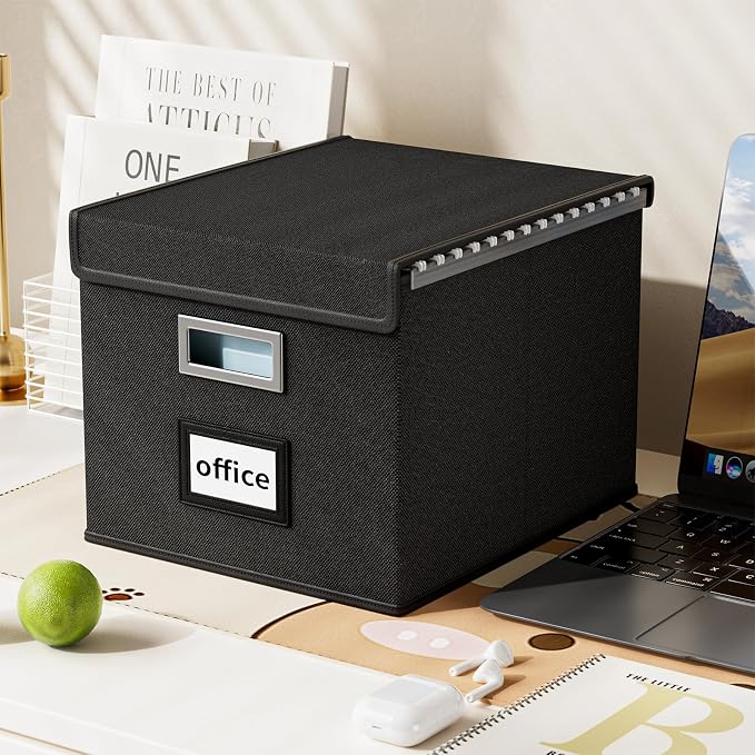New Portable File Organizer Boxes Set of 4, Collapsible Linen Hanging Filing Storage Boxes with Plastic Slide, Decorative Home/Office Filing System for File and Folders Storage (Black)