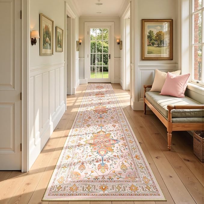RELEANY Area Rugs 2'6''x14' Runner Rug Non Slip Washable for Kitchen Hallway Bedroom Beside Laundry Room Bathroom Rug, Floor Carpet, Light Pink Colorful