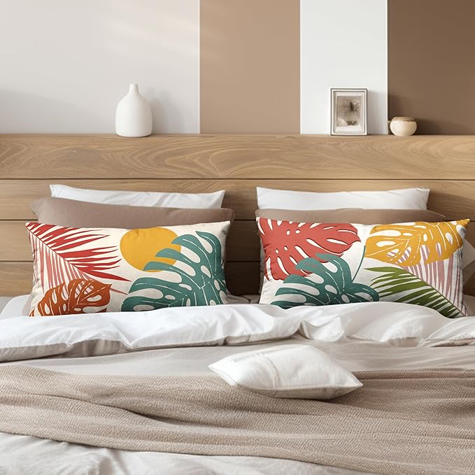 Set of 2 Summer Tropical Leaves Lumbar Throw Pillow Covers Palm Banana Leaf Pillow Covers 12x20 Abstract Sun and Monstera Leaf Cushion Case for Sofa Patio Indoor Outdoor Decor