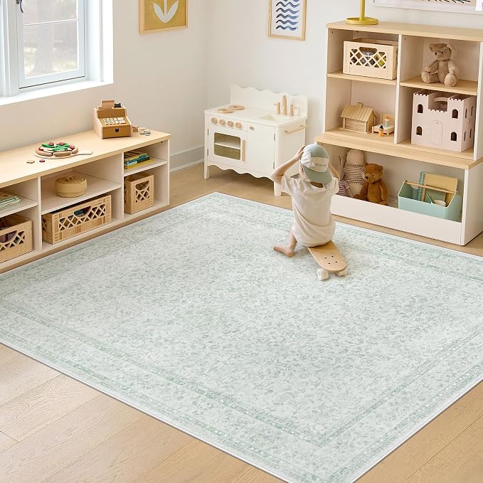 5x7 Area Rugs for Living Room: Washable Vintage Floral Rug Low Pile Non-Slip Boho Carpet for Nursery Bedroom Dining Room (Green, 5'x7')