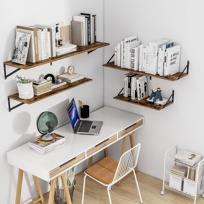 Heimlove Deep Floating Shelves for Wall, 24W x 12D Wood Wall Shelves Set of 2, Wide Floating Bookshelf for Living Room, Kitchen, Office, Bedroom and Decor Storage, with Metal Bracket - Rustic Brown