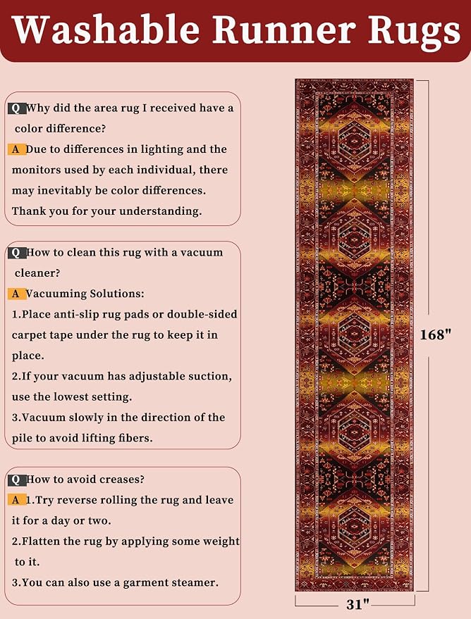 SERISSA Runner Rug for Hallways, 2'6"x14' Washable Non Slip Runner Rug, Extra Long Boho Rug Ultra Soft Vintage Rustic Red Gold Print Floor Carpet for Bedroom Hallway Entryway Bathroom Laundry Room