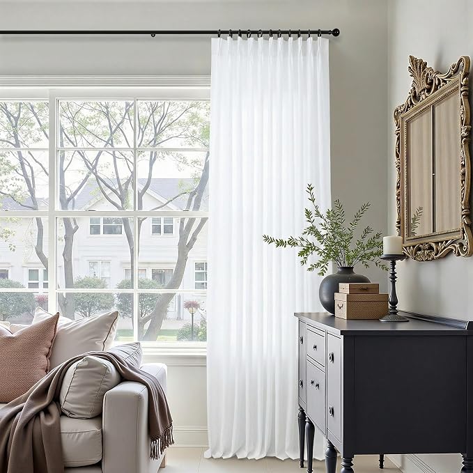 Extra Wide 102 Inch Curtains 70 Inch Width Pinch Pleat Linen Long Curtain for Living Room Bedroom Boho Light Filtering Privacy White Pleated Drapes Hooks Rings Back Tab for Sliding Patio Door 2 Panels